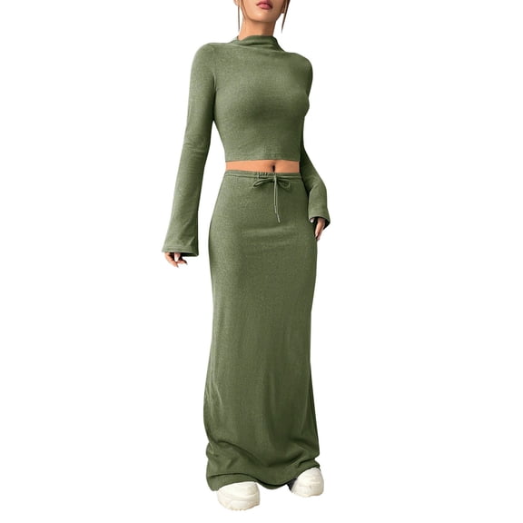 Prolriy Fall Outfits, Women's Solid Color Long Sleeve Crop Top High Waist Skirt Set Fashion Leisure Elastic Suit Skirt 2 Piece Sets for Women Green XXL