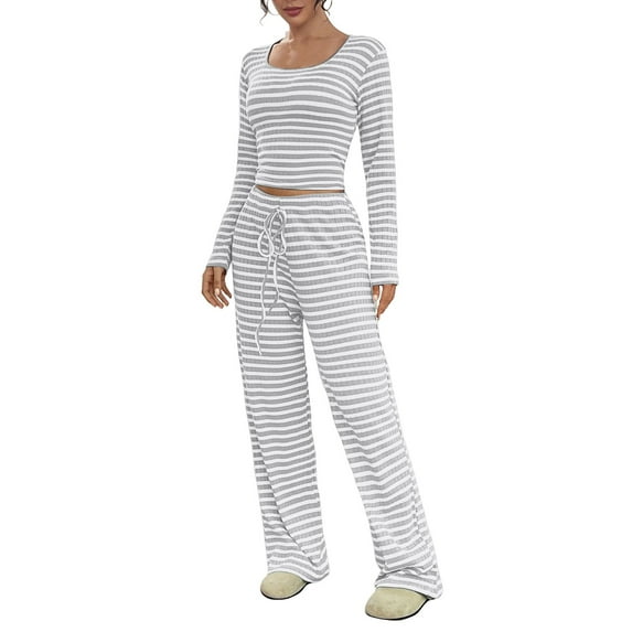 Prolriy Fall Outfits, Womens 2 Piece Outfits Striped Long Sleeve Square Neck Cropped Top Wide Leg Pants Sets Sweatsuits Lounge Sets for Women Light Ashy XXL