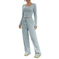 thumbnail image 1 of Prolriy Fall Outfits, Womens 2 Piece Outfits Striped Long Sleeve Square Neck Cropped Top Wide Leg Pants Sets Sweatsuits Lounge Sets for Women Light Blue S, 1 of 8