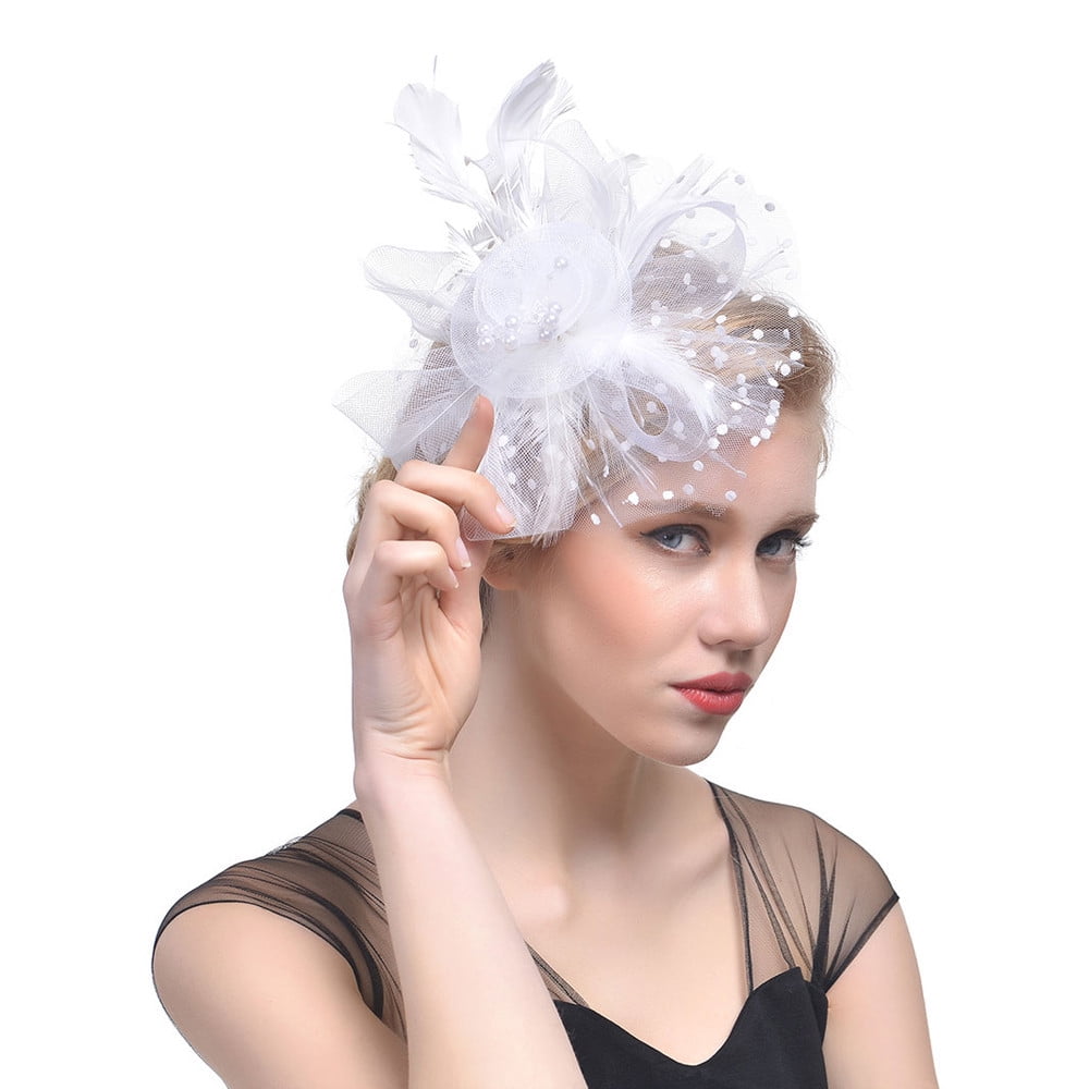 2Pcs 50s Fascinators Hats For Women Wedding Cocktail Tea Party With Lace Gloves Flower Mesh Feathers