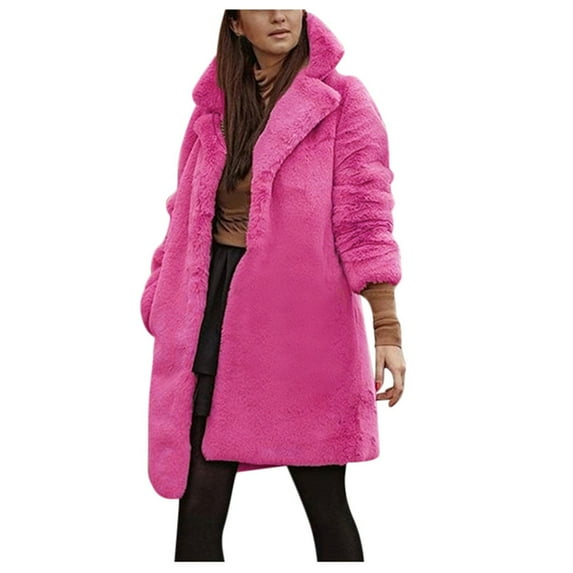Prolriy Faux Fur Coat Womens Winter Solid Color Bear Faux Coat Jackets Ladies Warm Jumper Outwear Winter Coats for Women Hot Pink M