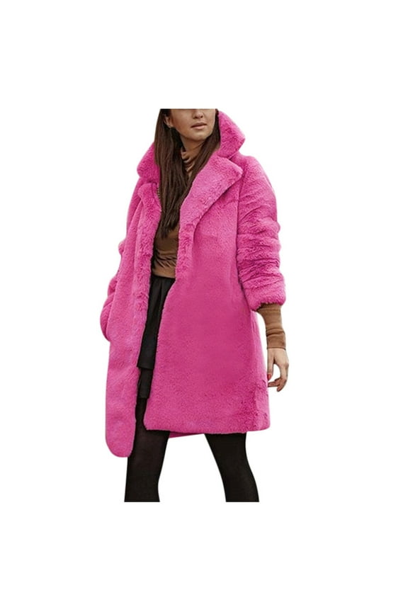 Faux Fur Coat Womens Winter Solid Color Bear Faux Coat Jackets Ladies Warm Jumper Outwear Winter Coats for Women Hot Pink XXL