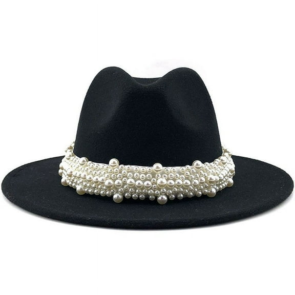 Prolriy Fedora Hats for Women, Women's British Fashion Elegant Jazz Hat Pearl Ring with Top Hat Big Brim Hat Ladies Woolen Hat Vintage Womens Hats Black M
