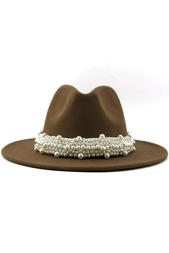 Fedora Hats for Women, Women's British Fashion Elegant Jazz Hat Pearl Ring with Top Hat Big Brim Hat Ladies Woolen Hat Vintage Womens Hats Brown L