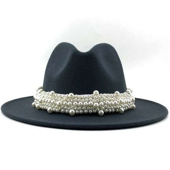 Prolriy Fedora Hats for Women, Women's British Fashion Elegant Jazz Hat Pearl Ring with Top Hat Big Brim Hat Ladies Woolen Hat Vintage Womens Hats Dark Gray L