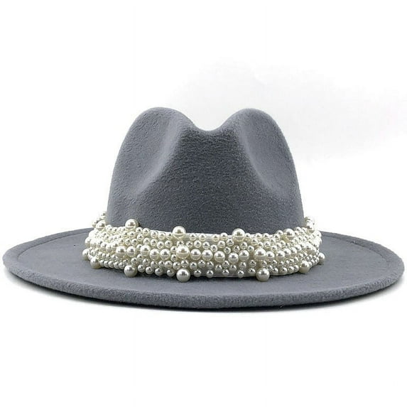 Prolriy Fedora Hats for Women, Women's British Fashion Elegant Jazz Hat Pearl Ring with Top Hat Big Brim Hat Ladies Woolen Hat Vintage Womens Hats Grey L