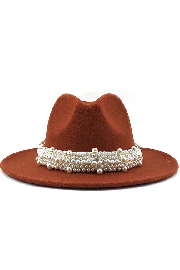 Fedora Hats for Women, Women's British Fashion Elegant Jazz Hat Pearl Ring with Top Hat Big Brim Hat Ladies Woolen Hat Vintage Womens Hats Orange L