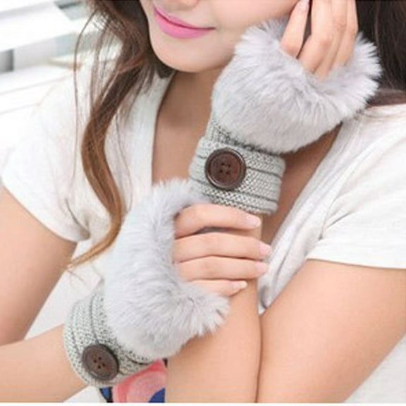Prolriy Fingerless Gloves for Women Girl Mittens Warm Rabbit Winter Women Wrist Fingerless Plush Faux Gloves for Cold Weather Grey One Size
