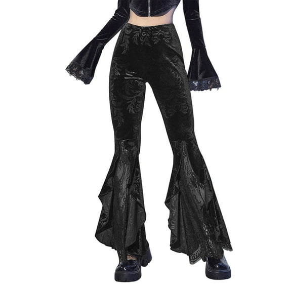 Prolriy Flare Bell Bottom Jeans for Women, Women's Gothic Dark Solid Color High Waist Bell Bottoms Pants for Women Black M