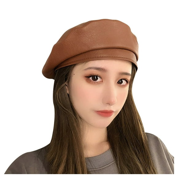Prolriy Flat Cap Beret Hats for Women Beret Beret French Cap Artist Beret Faux Beret Women Hat Leather Womens Hats Brown
