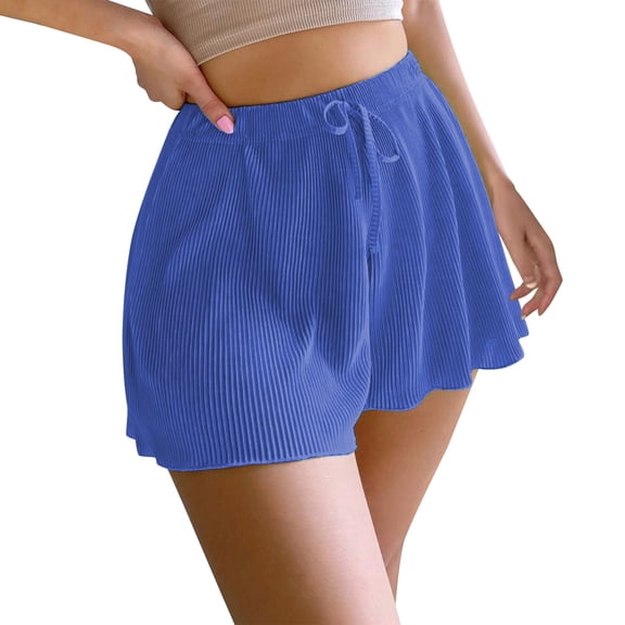 Prolriy Flowy Shorts for Women, Women's Casual Home Beach Vacation Loose Ruffle Edge Shorts Womens Shorts Blue M