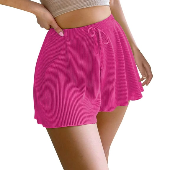 Prolriy Flowy Shorts for Women, Women's Casual Home Beach Vacation Loose Ruffle Edge Shorts Womens Shorts Hot Pink S