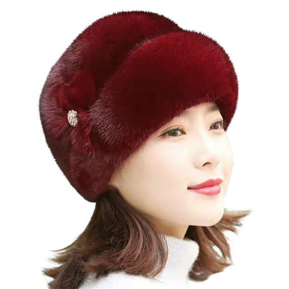 Prolriy Fuzzy Bucket Hats for Woman Winter Middle and Elderly Women's Hats Winter Faux Flower Decor Hats Elderly Hats Mothers Grandma Old Ladies Hats Winter Hats for Women Wine