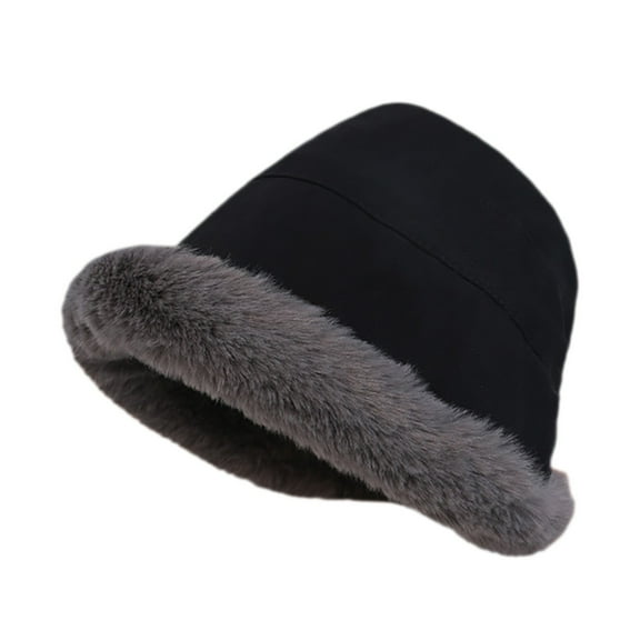 Prolriy Fuzzy Bucket Hats for Woman Plush Warm Fisherman Hat Ear Pullover Hat Basin Hat Winter Hats for Women Black M