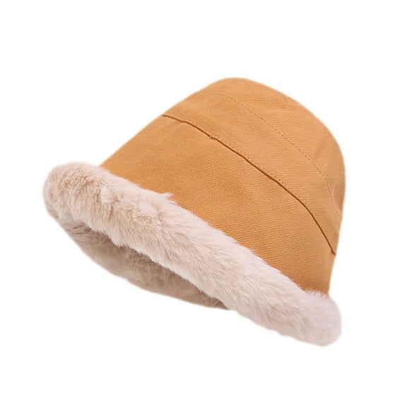 Prolriy Fuzzy Bucket Hats for Woman Plush Warm Fisherman Hat Ear Pullover Hat Basin Hat Winter Hats for Women Yellow M
