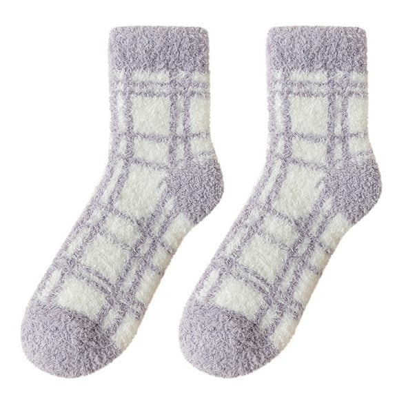 Prolriy Fuzzy Socks for Women, Women Plaid Plush Winter Sleeping Socks House Socks Bed Socks Hut Socks Womens Socks Purple