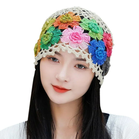 Prolriy Hats for Women Vintage Handmade Embroideried Cotton Crochet Knit Hollow Out Floral Knit Hat Womens Hats Beige