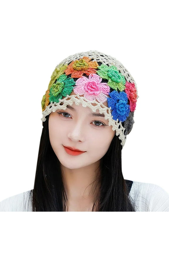Hats for Women Vintage Handmade Embroideried Cotton Crochet Knit Hollow Out Floral Knit Hat Womens Hats Beige
