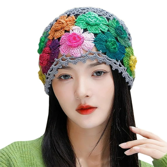 Prolriy Hats for Women Vintage Handmade Embroideried Cotton Crochet Knit Hollow Out Floral Knit Hat Womens Hats Grey