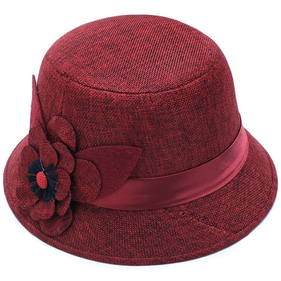 Prolriy Hats for Women, Womens Linen Sunshade Hat Breathable Big Flower Princess Hat Bucket Hat Cloche Hat Red
