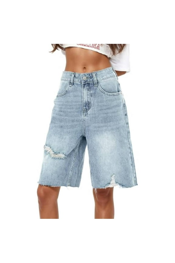 Jean Shorts Womens, Vintage Blue Denim Shorts Baggy Y2K Streetwear Washed Wide Leg Shorts Summer Knee Length Jeans Casual Hotpants Girls High Waist Womens Shorts Blue L
