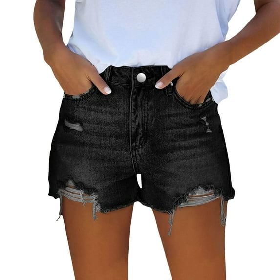 Prolriy Jean Shorts Womens, Women Denim Shorts High Waist Cut Off Ripped Shorts with Pockets Stretchy Distressed Jorts Women's Shorts Black L