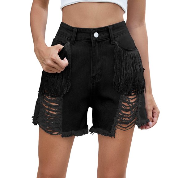 Prolriy Jean Shorts Womens, Women's Casual Ripped Fringed Hairy Denim Shorts with Street Personality and Trendy Hot Pants Boxer Shorts for Women Black XXL