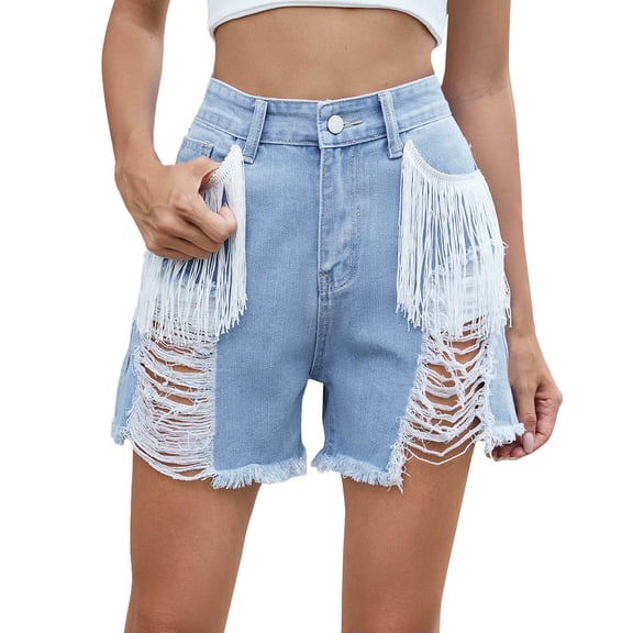 Prolriy Jean Shorts Womens, Women's Casual Ripped Fringed Hairy Denim Shorts with Street Personality and Trendy Hot Pants Boxer Shorts for Women Blue S