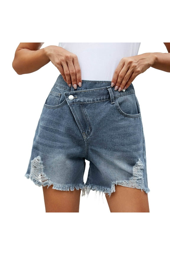Jean Shorts Womens, Women's Elastic Waisted Casual Fringed Denim Shorts with Street Personality and Trendy Hot Pants Womens Shorts Casual Blue L