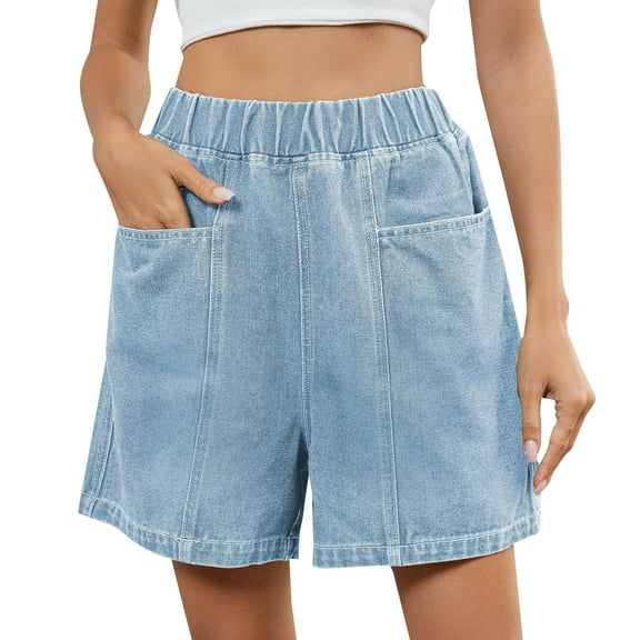 Prolriy Jean Shorts Womens, Women's New Summer Washed Elastic Waist Denim Casual Shorts Trendy Mid Pants Jeans Women's Shorts Blue1 L