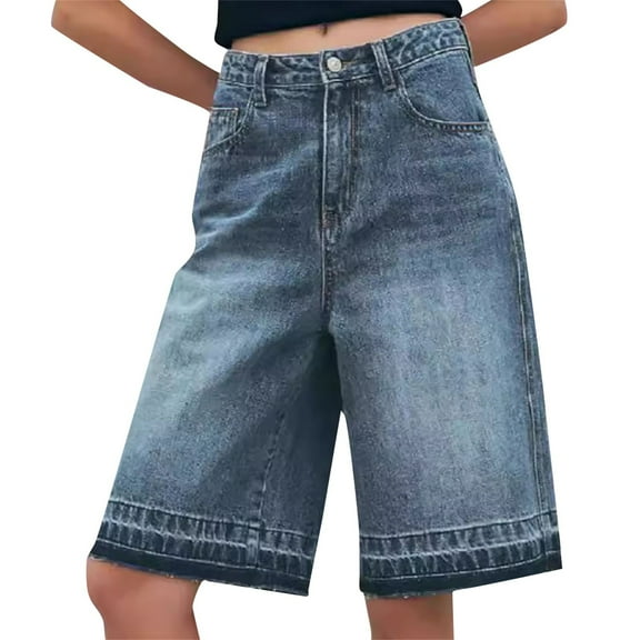 Prolriy Jean Shorts Womens, Women's Wash Straight Leg Casual Grinding Denim Shorts for Women's Trendy Mid Trouser Bermuda Shorts for Women, Women's Shorts Navy L