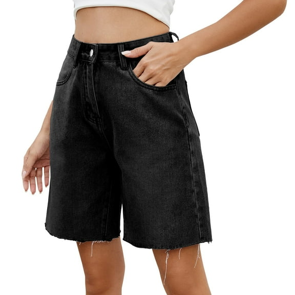 Prolriy Jean Shorts Womens, Women's Wash Straight Leg Casual Grinding Denim Shorts for Women's Trendy Mid Trouser Jeans Summer Shorts for Women Black L