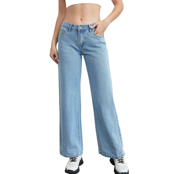 Prolriy Jeans for Women, Women's Wide Leg Jeans Straight Leg Denim Pants Baggy Casual Loose Jeans Women's Pants Blue XS