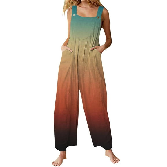 Prolriy Jumpsuits for Women, Women's Spring and Summer Geometric Grid Wide Leg Loose Jumpsuit Cotton Linen Casual Jumpsuit Pants Rompers for Women Blue XL