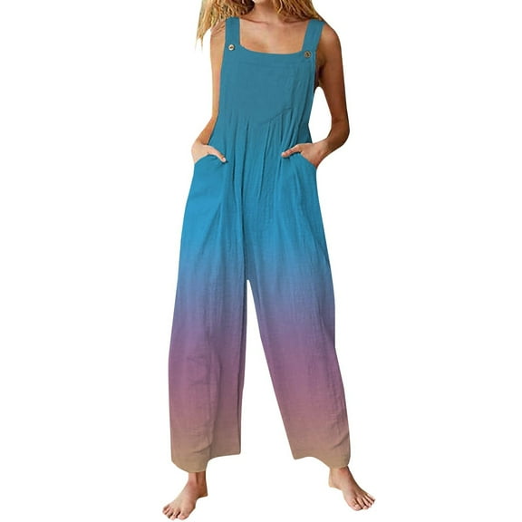 Prolriy Jumpsuits for Women, Women's Spring and Summer Geometric Grid Wide Leg Loose Jumpsuit Cotton Linen Casual Jumpsuit Pants Rompers for Women Dark Blue XL