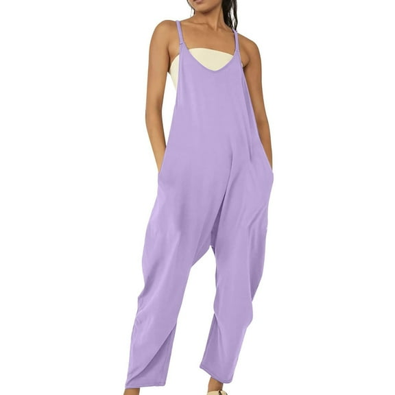 Prolriy Jumpsuits for Women, Women's Tank Jumpsuit with Pockets Stretchy Solid Color Romper Casual Summer to Outfit Summer Outfits for Women Purple XL