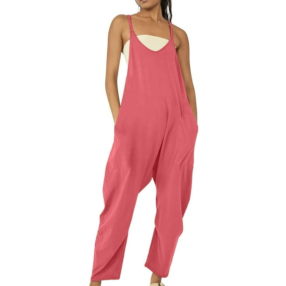 Prolriy Jumpsuits for Women, Women's Tank Jumpsuit with Pockets Stretchy Solid Color Romper Casual Summer to Outfit Summer Outfits for Women Watermelon Red M