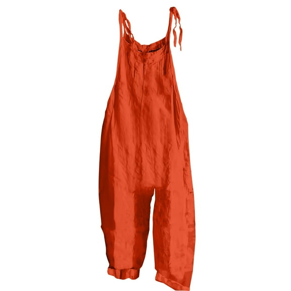 Prolriy Jumpsuits for Women, Womens Boho Floral Jumpsuits Cotton Linen Sleeveless Spaghetti Strap Baggy Romper Wide Leg Overalls with Pockets Womens Jumpsuit Orange XXXL