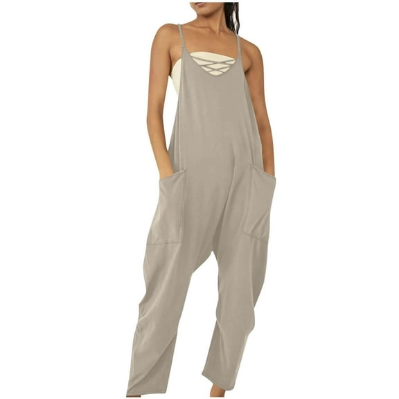 Prolriy Jumpsuits for Women, Casual Summer Jumpsuits Sleeveless Loose Spaghetti Strap Overalls Jumpers Womens Jumpsuit Khaki XXXL
