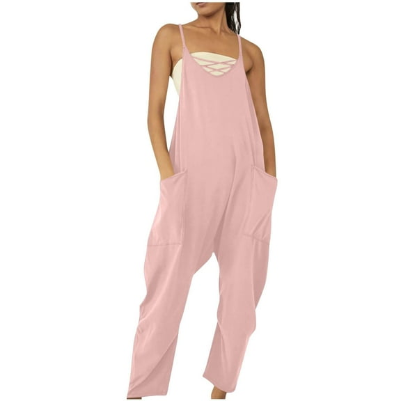 Prolriy Jumpsuits for Women, Casual Summer Jumpsuits Sleeveless Loose Spaghetti Strap Overalls Jumpers Womens Jumpsuit Pink S