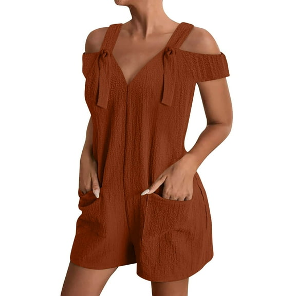 Prolriy Jumpsuits for Women, Women's Summer Spring Solid Color Bodyfitting Suspenders Pocket Vest Suspenders Rompers for Women Brown L
