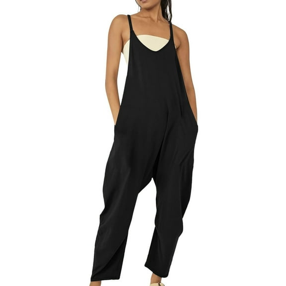 Prolriy Jumpsuits for Women, Women's Tank Jumpsuit with Pockets Stretchy Solid Color Romper Casual Summer to Outfit Summer Outfits for Women Black L