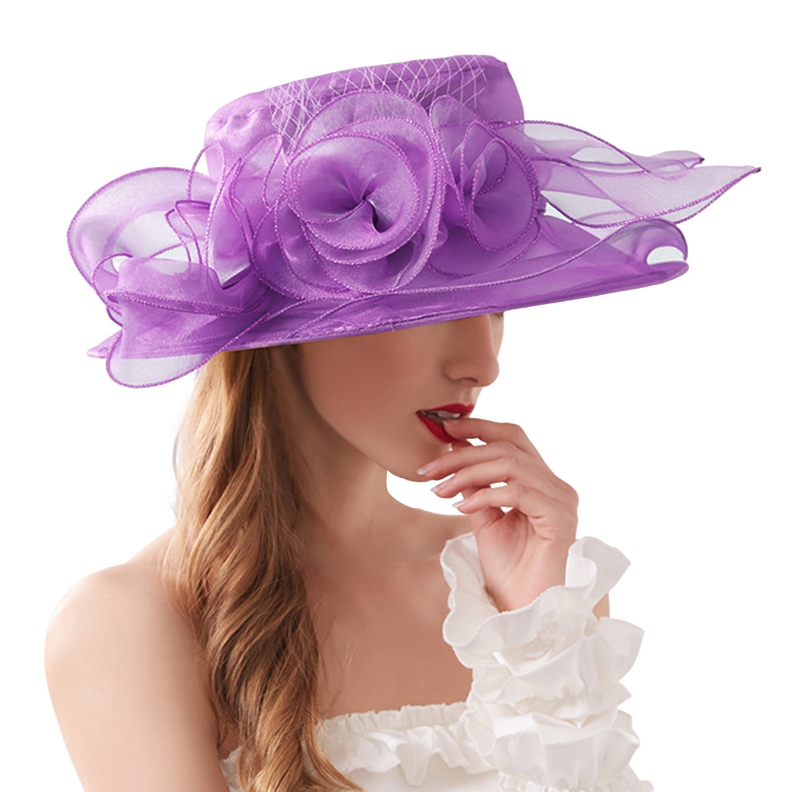 Prolriy Kenntucky Derby Hats for Women Spring Summer Mesh Sunshade Hat Flower Temperament Wedding Dress Hat Sun Dome Large Brim Hat Fashion Sun Hats for Women Fascinators Hats for Women Purple
