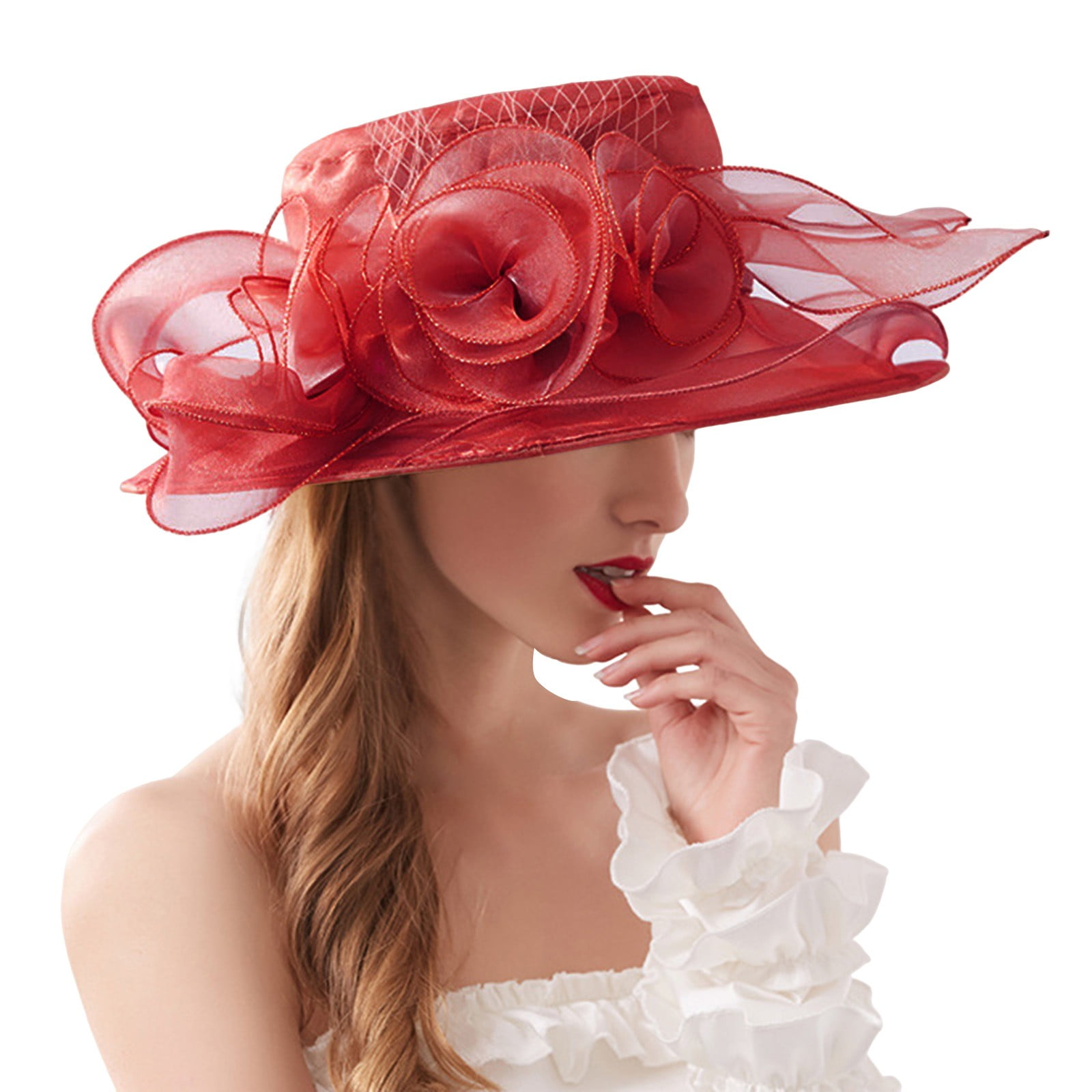 Prolriy Kenntucky Derby Hats for Women Spring Summer Mesh Sunshade Hat Flower Temperament Wedding Dress Hat Sun Dome Large Brim Hat Fashion Sun Hats for Women Fascinators Hats for Women Wine