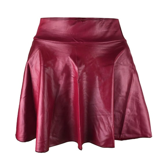 Prolriy Leather Skirt Fashion Ladys Leather Skirt High Waist Creased Skirt Solid Casual Base Skirts for Women Red M