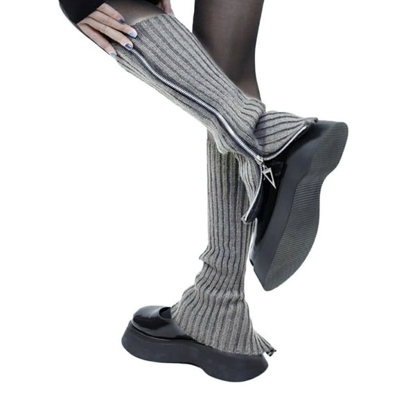 Prolriy Leg Warmers for Women Winter Womens Leg Gothic Punk Ribbed Knitted Leg Side Zipper Up Solid Color Boot Socks Student Knee High Foot Cover Winter Sock Women's Leg Warmers Grey