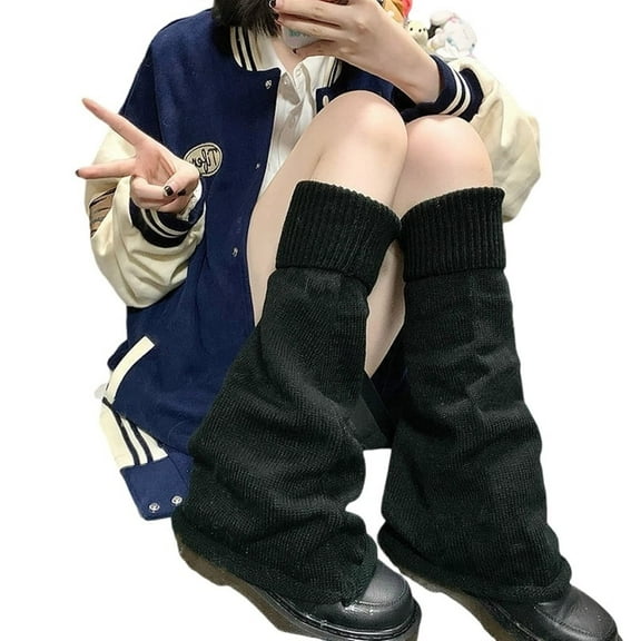 Prolriy Leg Warmers Y2K, Japanese Style Flared Shape Long Student Leg Elastic Cuffs Solid Color Striped Loose Knitted Leg Fashion Socks for Women Black