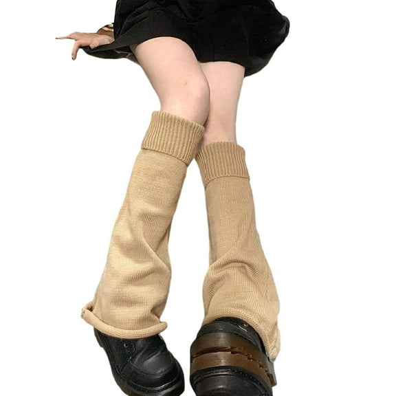 Prolriy Leg Warmers Y2K, Japanese Style Flared Shape Long Student Leg Elastic Cuffs Solid Color Striped Loose Knitted Leg Fashion Socks for Women Khaki