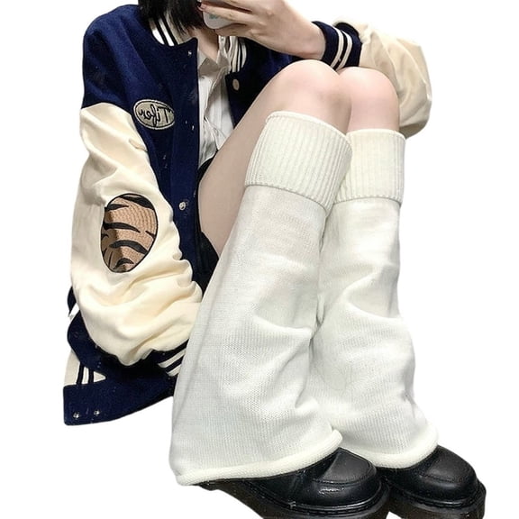 Prolriy Leg Warmers Y2K, Japanese Style Flared Shape Long Student Leg Elastic Cuffs Solid Color Striped Loose Knitted Leg Fashion Socks for Women White