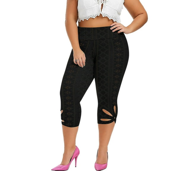 Prolriy Leggings for Women Fashion Women Plus Size Solid Hollow Elastic Waist Casual Leggings Pants Yoga Pants Women Black S